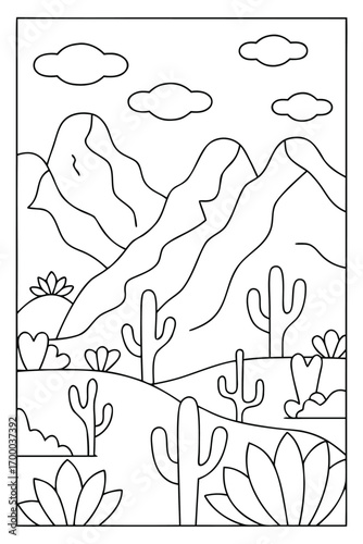 Outline of a mountainous desert landscape with cacti and clouds drawing illustration