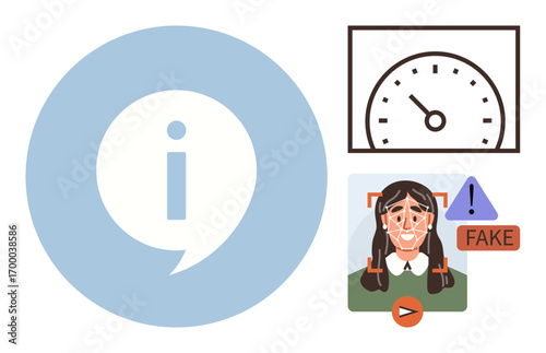 AI tools scanning images for authenticity, showing analysis speed gauge and facial recognition markers. Ideal for technology, security, machine learning, digital ethics, data, AI, simple flat