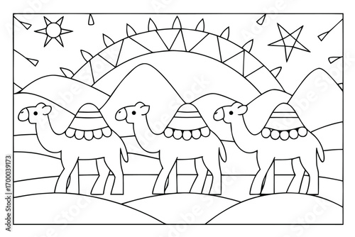Three Camels Walking in Desert Landscape with Sun and Stars Coloring Page sand