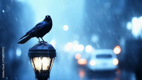 Mysterious crow perches on a vintage street lamp during a rainy night in the city