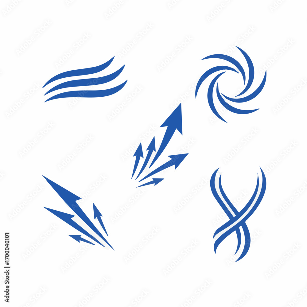 Fototapeta premium Blue abstract arrow and wave icons set, dynamic motion symbols on white