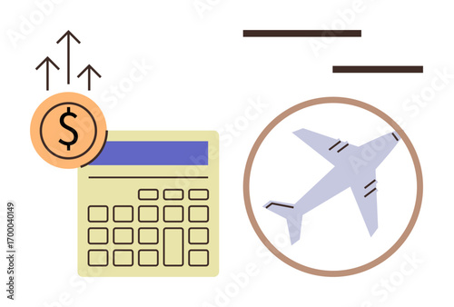 Airplane beside a calculator with monetary symbol and upward arrows, reflecting increasing costs. Ideal for travel, finance, budgeting, airfare pricing, expense prediction, inflation, simple flat