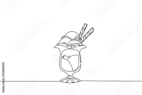 One line drawing of rocky road ice cream sundae in a tall glass with wafer sticks, created for National Rocky Road Day in a simple minimalist food concept illustration.