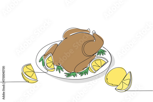 A roast chicken with golden skin on a plate, surrounded by lemon wedges and green garnish, in vibrant single line drawing style for a food concept celebrating National Rotisserie Chicken Day