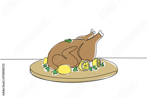 A round tray with a golden roast chicken, surrounded by lemon halves and green garnish, illustrated in clean single line drawing style for a food concept celebrating National Rotisserie Chicken Day.