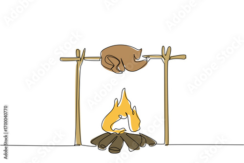 A whole chicken roasting on a spit over an open flame, illustrated in rustic continuous line drawing style for a food concept that celebrates the tradition of National Rotisserie Chicken Day.