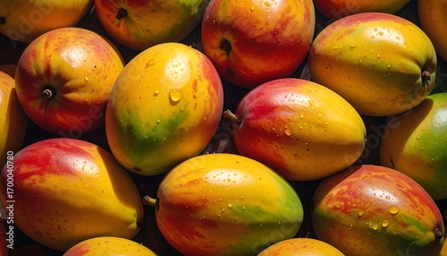 A close-up view of many ripe, vibrant mangos, showcasing their rich yellow and red hues, and glistening with water droplets.