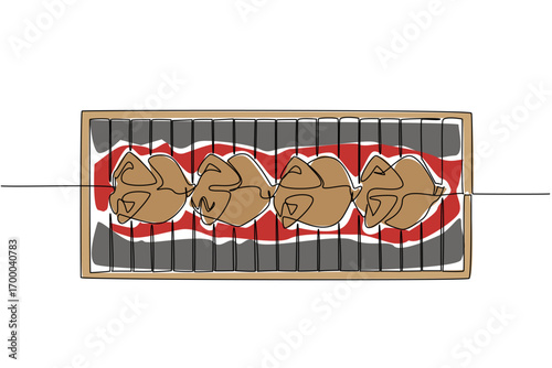 Four whole chickens roasting on a rotisserie grill over glowing coals, illustrated in vibrant single line drawing style for a food concept commemorating National Rotisserie Chicken Day event.