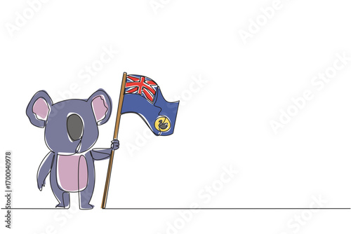 Minimalist one line drawing of a cute koala holding the Western Australia state flag, showing cultural pride. Animal illustration, celebration concept.