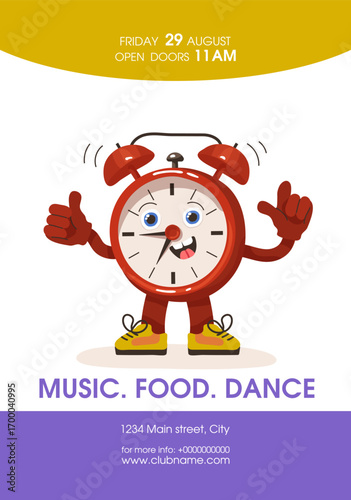 Template back to school party invitation featuring an character cheerful red alarm clock.