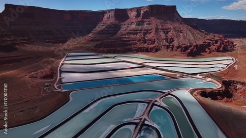 Aerial view of geometric potash ponds reflecting the sky, contrasting against the red rock landscape, Moab, Utah, United States.