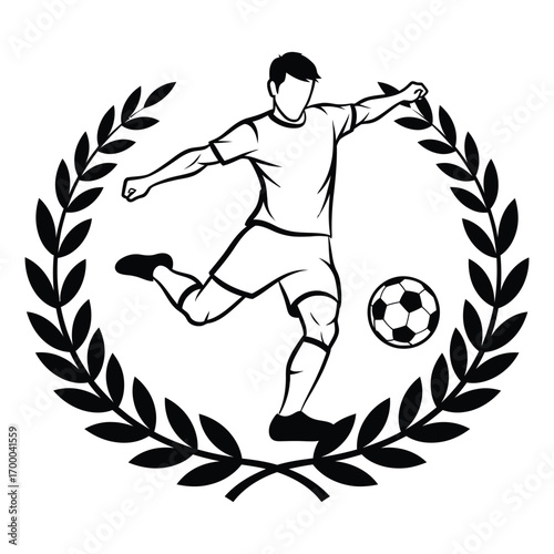 A soccer player kicking a ball inside a laurel wreath in black and white line art illustration style