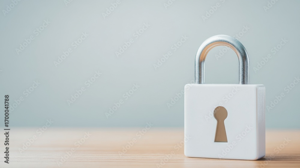Naklejka premium Secure White Padlock on Wooden Table with Grey Background for Safety Themes