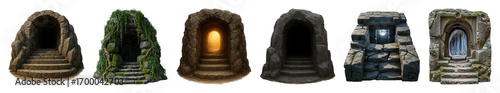 Stone archway set including various cave entrances with stairs, ancient portals, and moss-covered ruins isolated. Fantasy game assets.