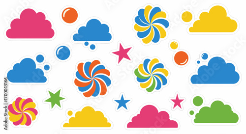 Colorful Swirl Candies Clouds and Stars Vector Graphics.