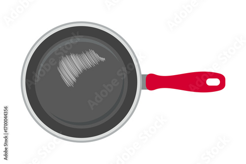 Scratched nonstick pan health hazard. Damaged cookware may release microplastics into food, causing health risks. Unsafe kitchenware highlights safe eating habbits and toxic cooking concerns. Vector 