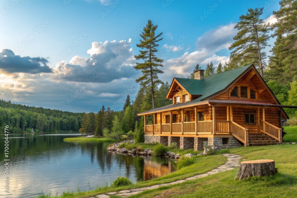 Fototapeta premium Scenic Lakeside Cabin Surrounded by Trees During Golden Hour