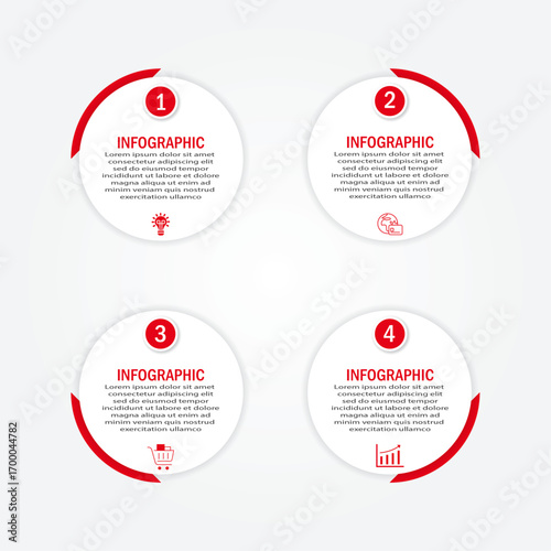 Business process timeline visualization with circular white diagram | 4 steps or options infographic modern 90 degree  red border for corporate background for presentation, chart with icon