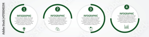 Business process timeline visualization with circular white diagram | 4 steps infographic modern 180 degree green border for corporate background for presentation, chart with icon