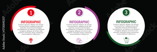 Business process timeline visualization with circular with diagram | 3 steps infographic modern 90 degree border for corporate background for presentation, chart with black background