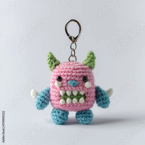 Cute crocheted monster keychain with pink body blue limbs green horns and white background adorable and charming