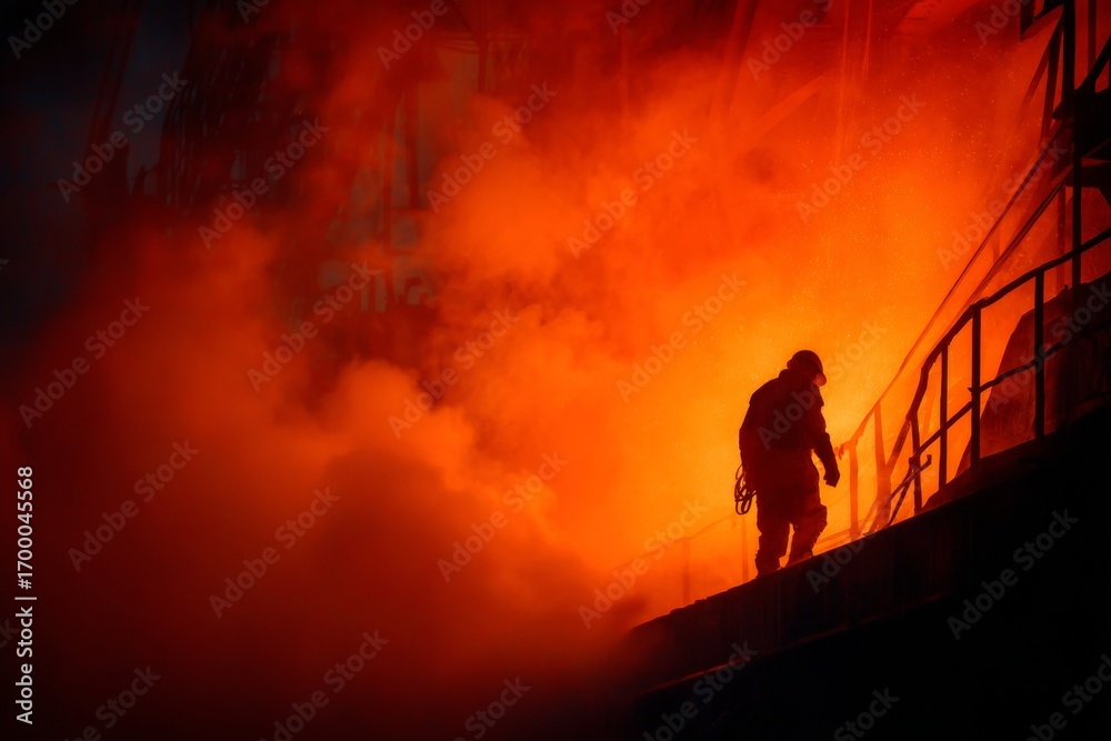 Fototapeta premium A worker cautiously navigates steps surrounded by thick smoke and bright, warm light in an industrial setting during nighttime Generative AI