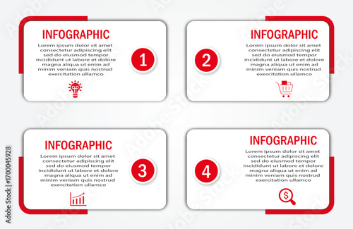 Business process visualization with timeline with white diagram  | 4 steps infographic modern red corporate background for presentation, chart, data representation with icon