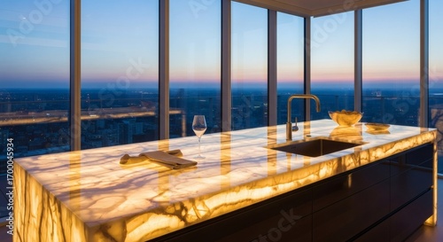 Illuminated countertop in a modern kitchen with city views at dusk