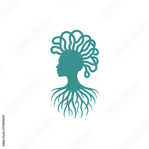 Symbolic silhouette of a woman's profile with hair transforming into tree roots, representing growth and connection.