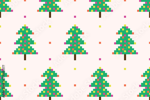 Seamless background with Christmas trees in pixel art style. Vector illustration.