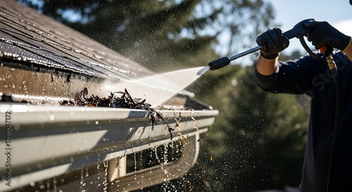 Worker cleaning roof gutter with water pressure hose
