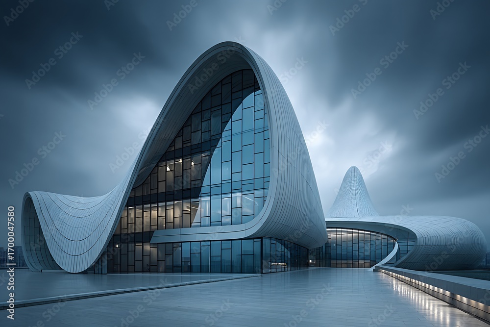 Obraz premium Contemporary futuristic building under gray sky emphasizing steel and glass architectural design