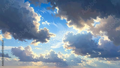 A vibrant, detailed portrayal of a vast, partly cloudy sky, showcasing soft light and dramatic cloud formations.