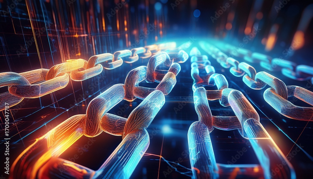 Obraz premium blockchain ledger visualized as glowing chains of code