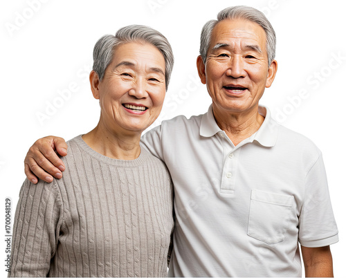 happy elderly Asian couple standing close Smiling together. International Day of Older Persons