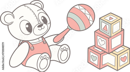 cute baby toys set teddy rattle blocks vector