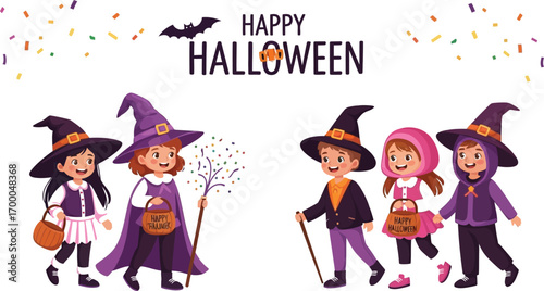 Vector art of happy halloween with kids in witch costumes children celebrating halloween with candy and fun activities
