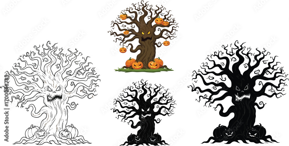 Fototapeta premium Vector art of a collection of spooky halloween trees with pumpkin faces, perfect for adding a creepy touch to designs