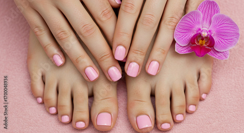 Manicured Hands and Pedicured Feet with Pink Polish and Orchid Blossom on Pink Background
