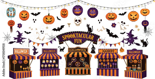 Vector art of spooktacular fun halloween market with stalls, pumpkins, ghosts, bats, skull, cat, witch, and string lights