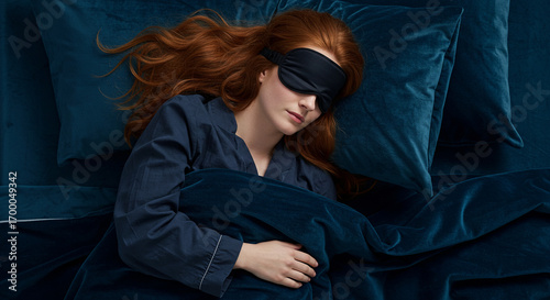 Redhead Woman Sleeping Peacefully with Black Sleep Mask on Teal Velvet Bedding
