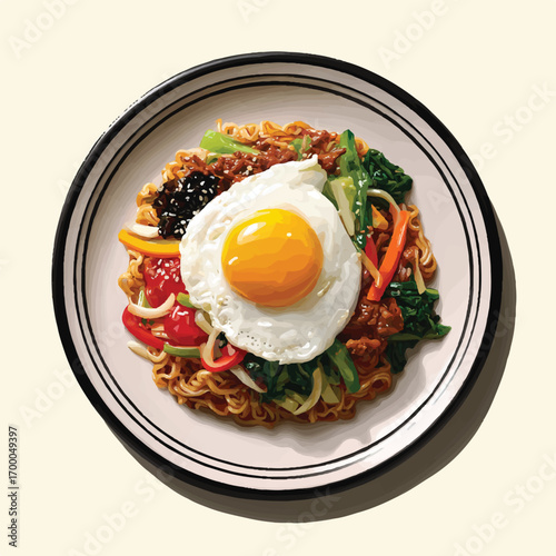 Delicious Bibimbap Illustration with Sunny Side Up Egg and Colorful Vegetables a Culinary Delight