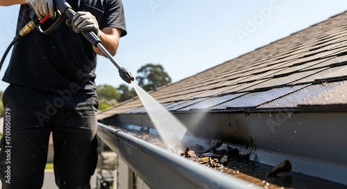 Man cleaning gutter with high pressure water hose
