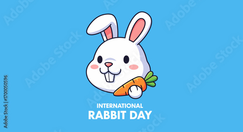 Cute smiling cartoon rabbit holding a carrot, vector illustration on a blue background for International Rabbit Day celebration