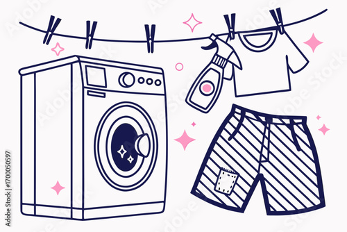 Laundry day illustration with washing machine, clothes hanging on a clothesline, and detergent spray bottle.