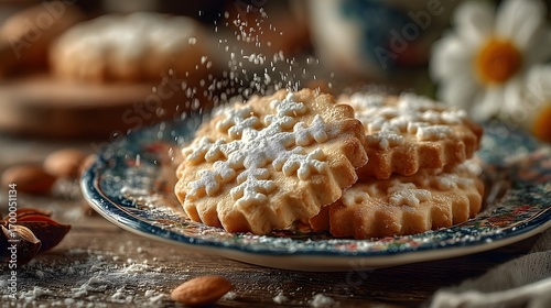 Snowflake - Shaped Cookies With Powdered Sugar, Placed On Floral - Decorated Porcelain Plate, Creating Warm Baking Food Atmosphere