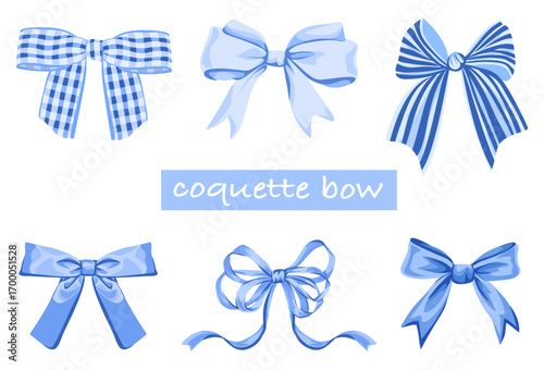 Collection of elegant blue coquette bows for fashion and design. Vintage Hand Drawn Aesthetic Bows