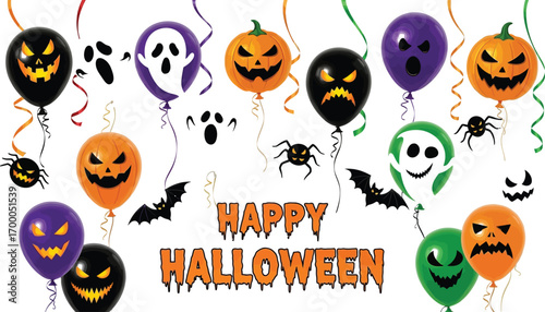 Vector art of happy halloween with scary balloons festive illustration for greeting card, banner or poster