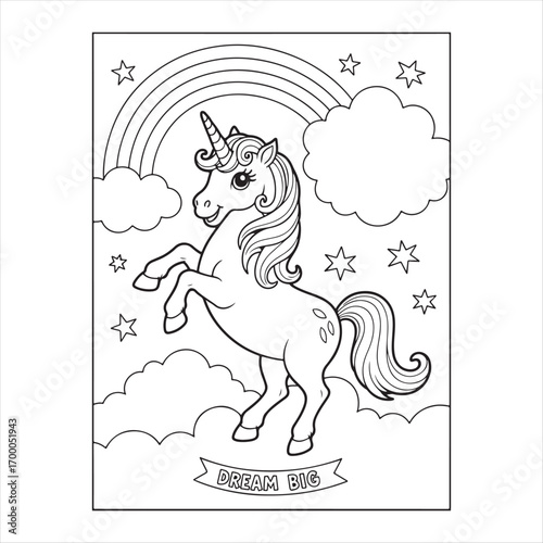 “Cheerful Unicorn with Rainbow, Clouds, and Stars Black and White Coloring Page Illustration 1