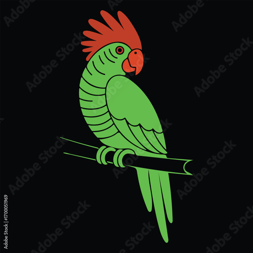 Striking white cockatoo with green crest perched under stage spotlights.